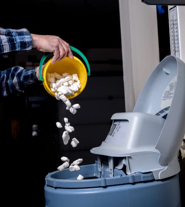 Person pouring pellets into water softener