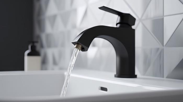 a modern bathroom faucet with a matte black finish, mounted on a polished white sink with soft water