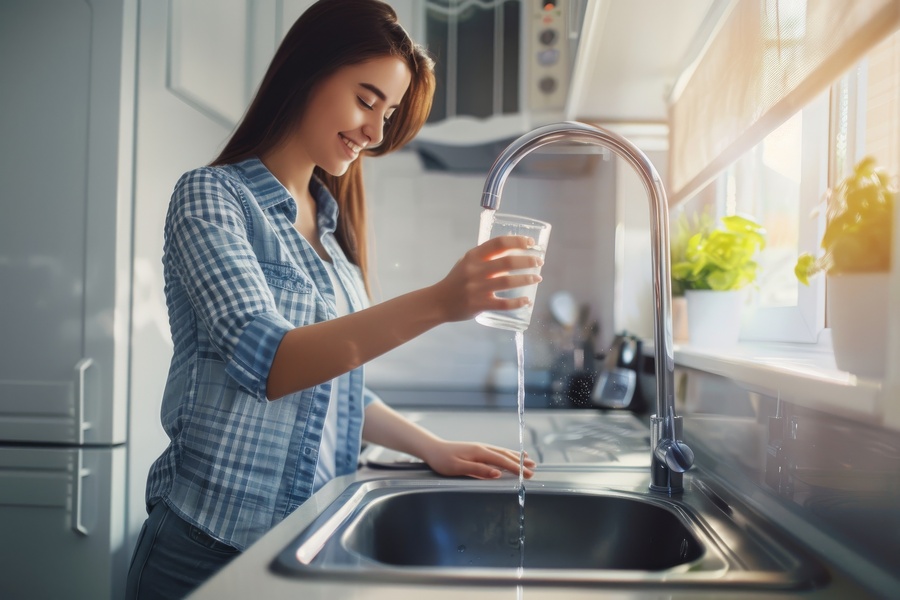 Close-up of hand with glass taking tap purified treated and filtered water from tap