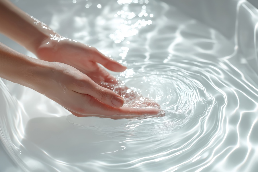 Hands touching soft water