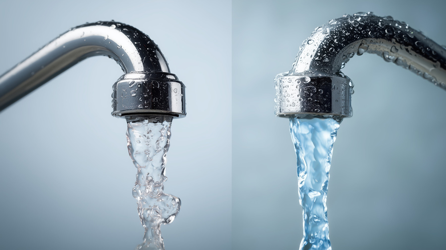 Soft vs hard water. Water flowing from two different faucets
