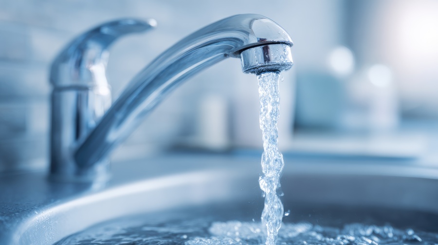 Clean conditioned water flowing from tap