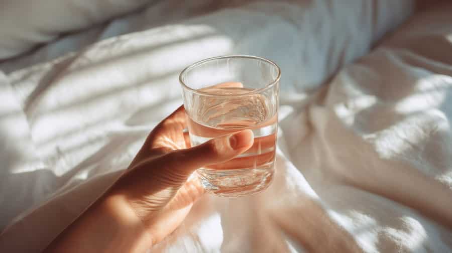 Hand holding a glass of clear water in bed during morning sunlight