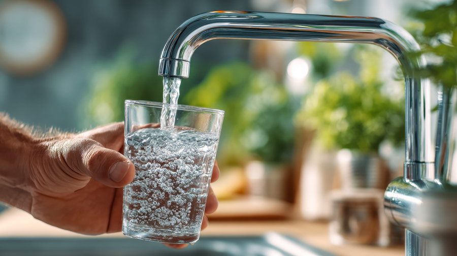 A hand gently filling a clear glass with water from a sleek, reflective faucet.