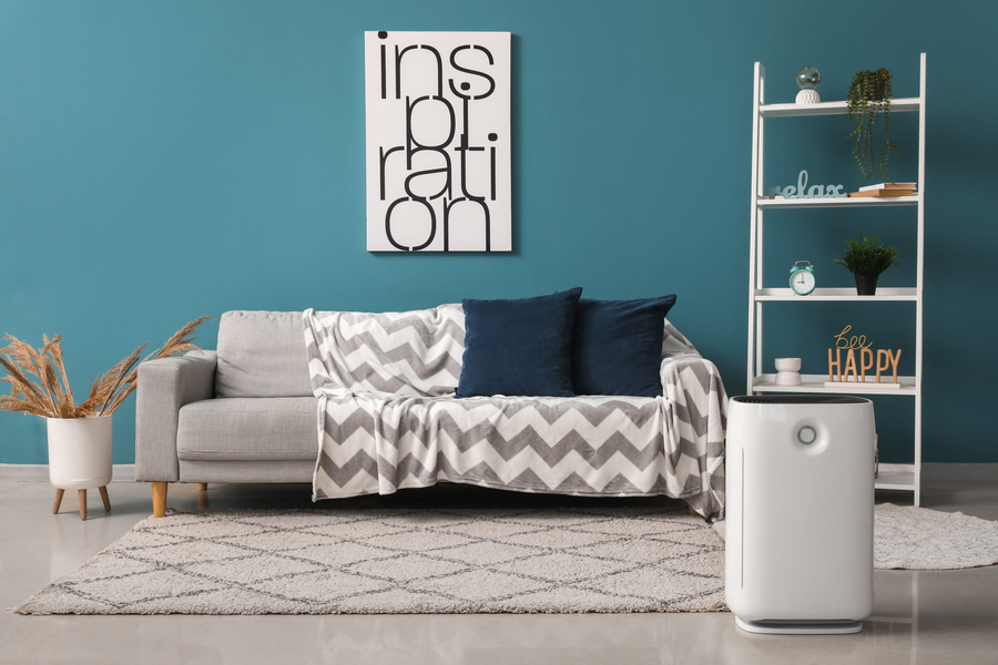 Interior of modern living room with air purifier